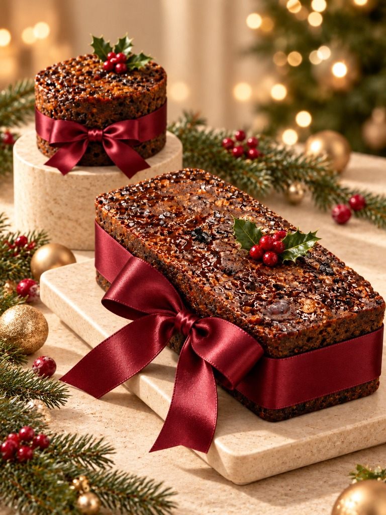 Traditional Handcrafted Dark Fruit Cake Tied with Burgundy Ribbon